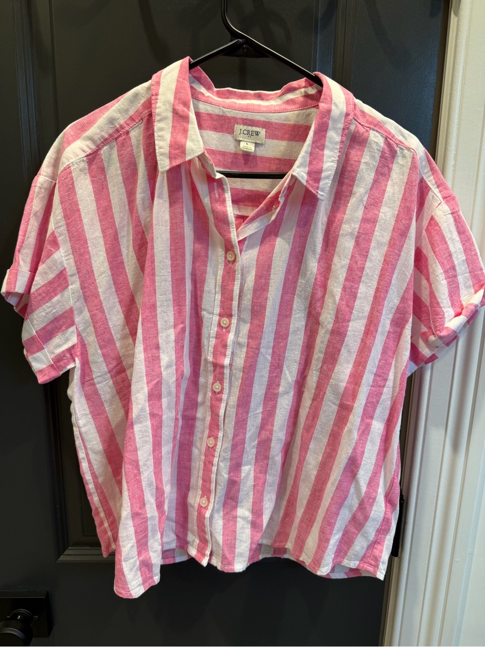 J. Crew Pink and White Vertical Stripe Short-Sleeve Button-Down